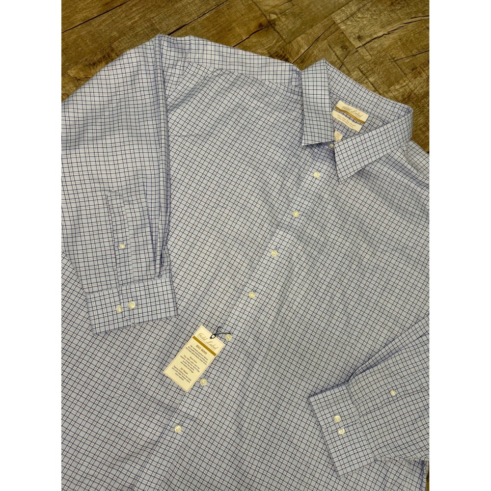 Roundtree & Yorke Gold Label Big Man Blue Plaid Non-Iron Dress Shirt 20‎ 34/35